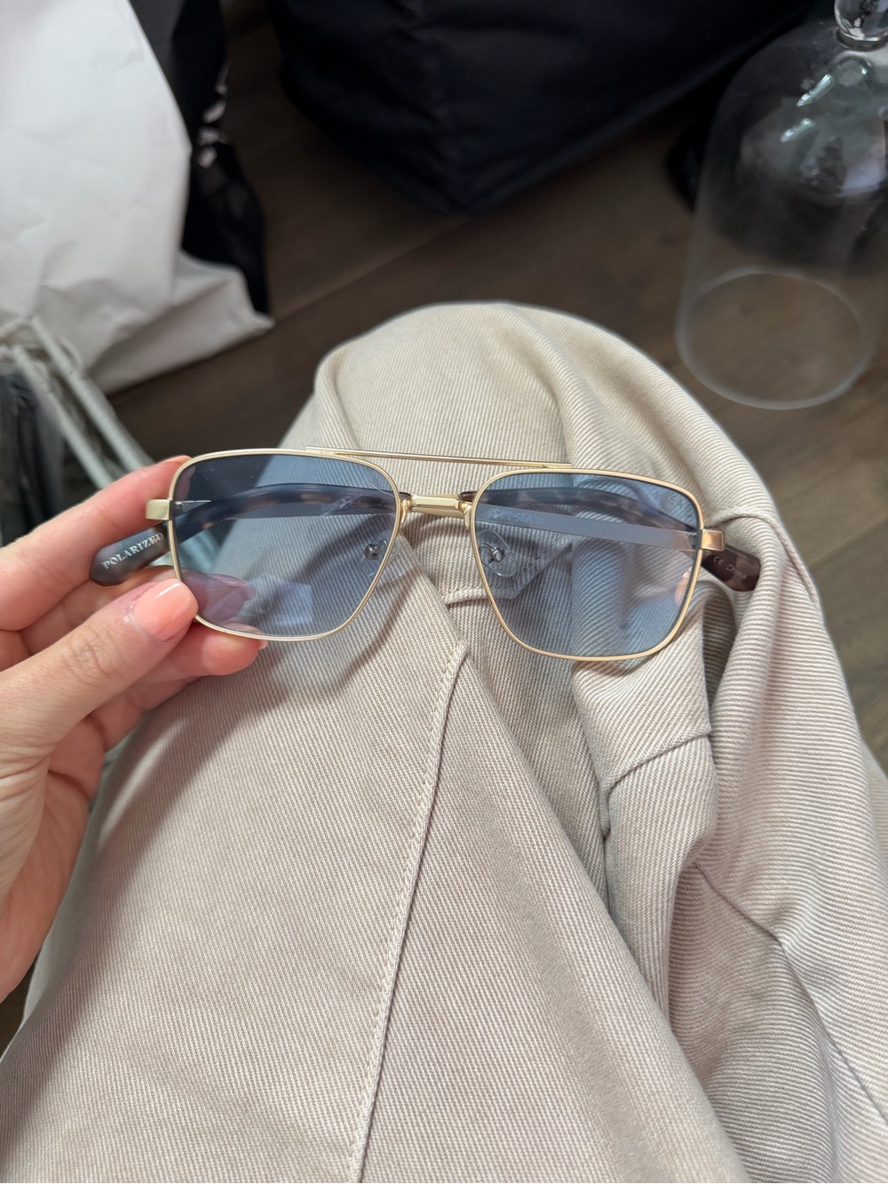 Gold Frame Rectangle Sunglasses with Blue Gradient Lenses